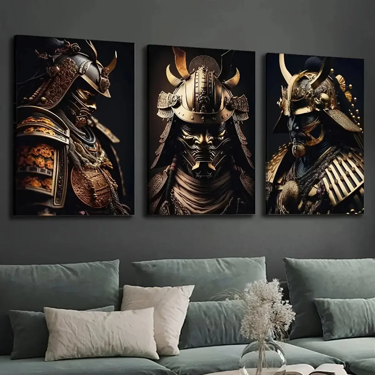 3pcs/set Frameless Japanese Canvas Printed Decorative Paintings, Traditional Culture and Art, Japanese Style, Armor, Golden Hero Paintings, Samurai, Ninja Posters, Artistic Decoration, Vintage Prints, Wall, Room, Decorative Artwork, Triple Canvas Painting