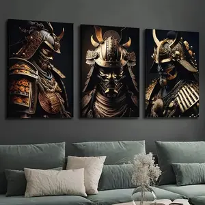 3pcs/set Frameless Japanese Canvas Printed Decorative Paintings, Traditional Culture and Art, Japanese Style, Armor, Golden Hero Paintings, Samurai, Ninja Posters, Artistic Decoration, Vintage Prints, Wall, Room