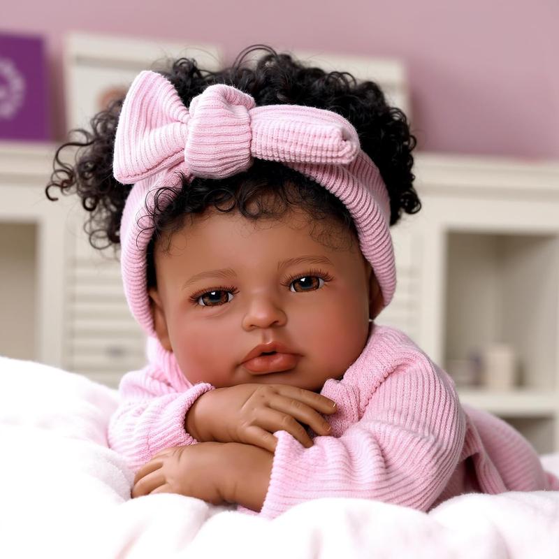 BABESIDE 20" Reborn Doll 8 Piece Set with Cloth Body & Vinyl Dark Skin Includes Gift Box Feeding Accessories Perfect for Christmas New Year Birthday Gift