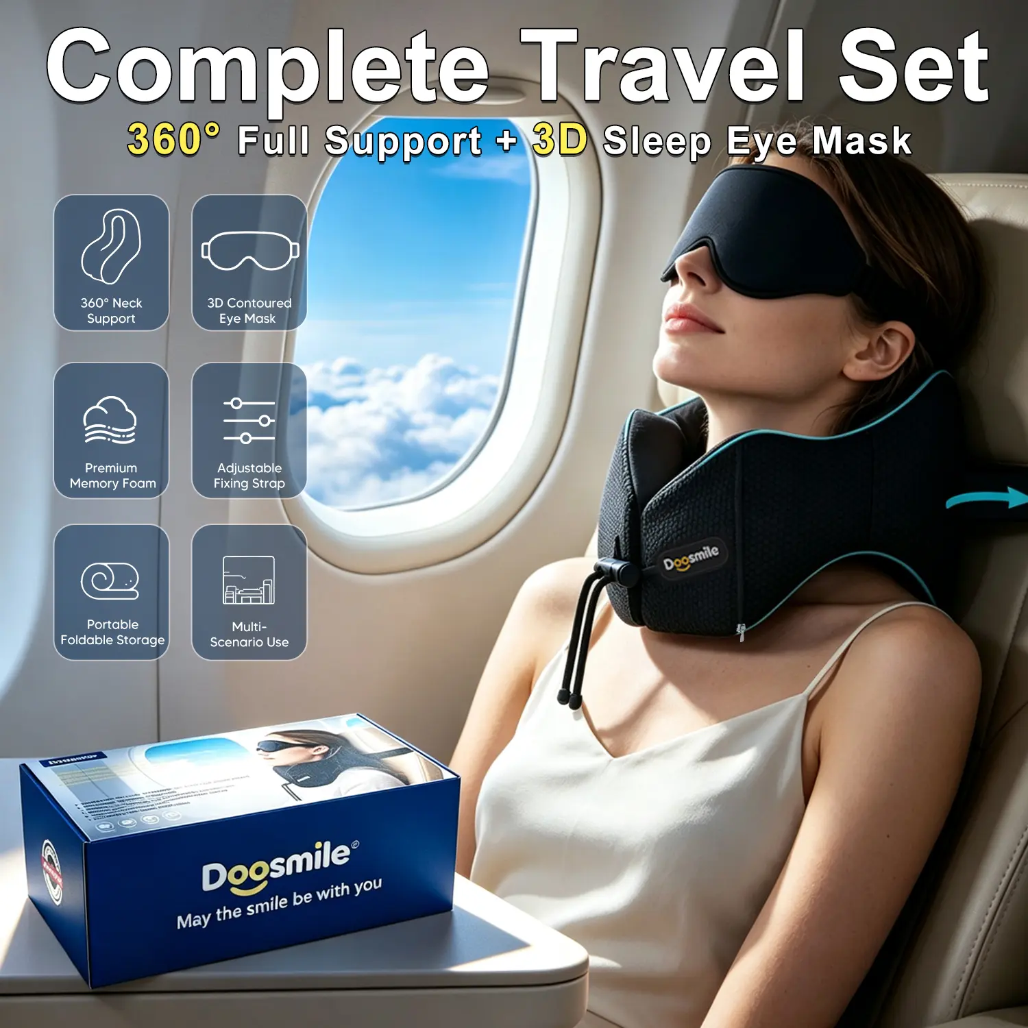Patented Head-Bobble-preventing Ergonomic 360° Supporting Golden Formula Memory Foam Travel Neck Pillow w/3D Contoured Eye Mask Set Long Trip Sleeping Essentials for Airplane Flight Car Bus