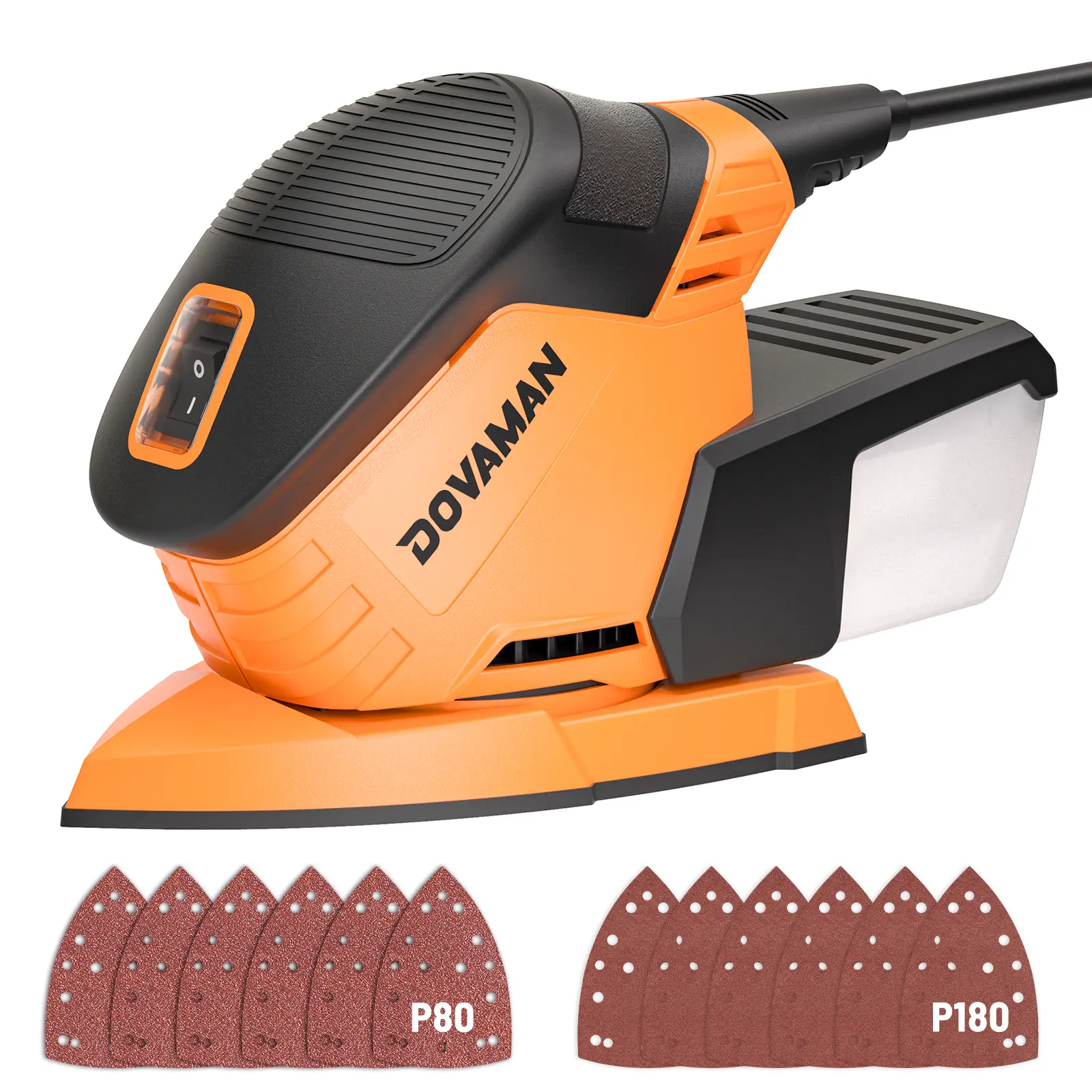 #summerfinds DOVAMAN L5 Apex Detail Sander, 1.1Amp Electric Sander w/Micro-Filter Dust Box, Aluminum Fan Blade, Copper Motor, Max No-load Speed 12,000 RPM, 12PCS(80P/180P) Sanderpapers for Wood, Plastic, Metal, Random Orbital Polisher Porta
