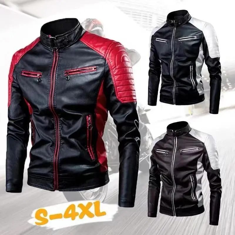 Motorcycle Equipment Leather Jacket Men's Color-blocking Stand-up Collar PU Leather Motorcycle Jacket Casual Leather Jacket Men Motorcycle Equipment Leather Jacket Men's Color-blocking Stand-up Collar PU Leather Motorcycle Jacket Casual Leather Jacket Men