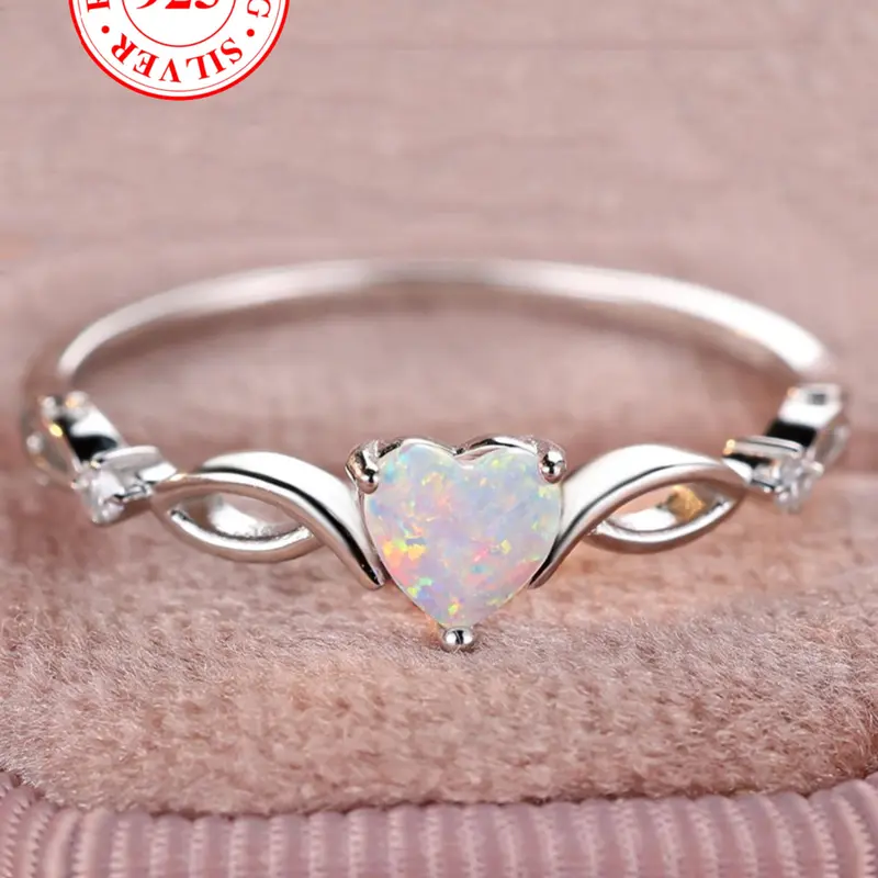 S925 Sterling Silver Fashion Colorful Heart Shaped Decor Ring, Jewelry Ring, Heart Design Ring, Promise Engagement Rings, Elegant Artificial Opal Decorated Ring for Women & Girls, Perfect Holiday Anniversary Birthday Gift, Valentine's Day Gift