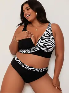 Plus Size Zebra Print Bikini Set - Color Block Crossover Top - High Waist Bathing Suit