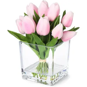 Pink Artificial Tulip Flowers with Vase, 12 Heads PU Mini Real Touch Tulip Bouquets for Home Wedding Party Centerpiece Decoration, Lifelike Faux Flowers