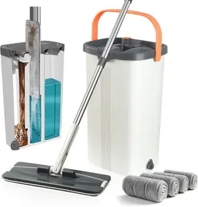 Flat Mop and Bucket with Wringer Set, Separates Dirty and Clean Water, 3-Chamber Mop Wet and Dry Use, Not-Hands Squeeze Mops for Floor Cleaning, 4 Reusable Microfiber Mop Pads Included