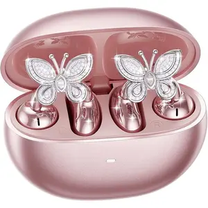Jewelry-Inspired Clip-On Earbuds with Butterfly Earrings, Comfortable Fit & 50H Playtime Open Ear Bluetooth 5.4 Wireless Headphones for Women, Small Ears, Sports & Workouts (Pink)