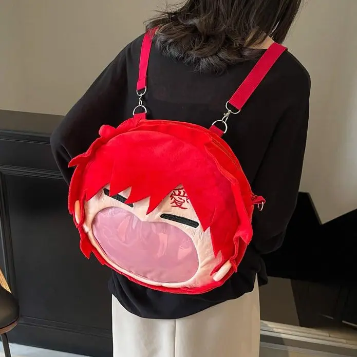 Naruto Gaara Big Mouth Plush Ita Bag, Anime Clear Window Crossbody Shoulder Bag for Badge Display, Cosplay Collection Gift
