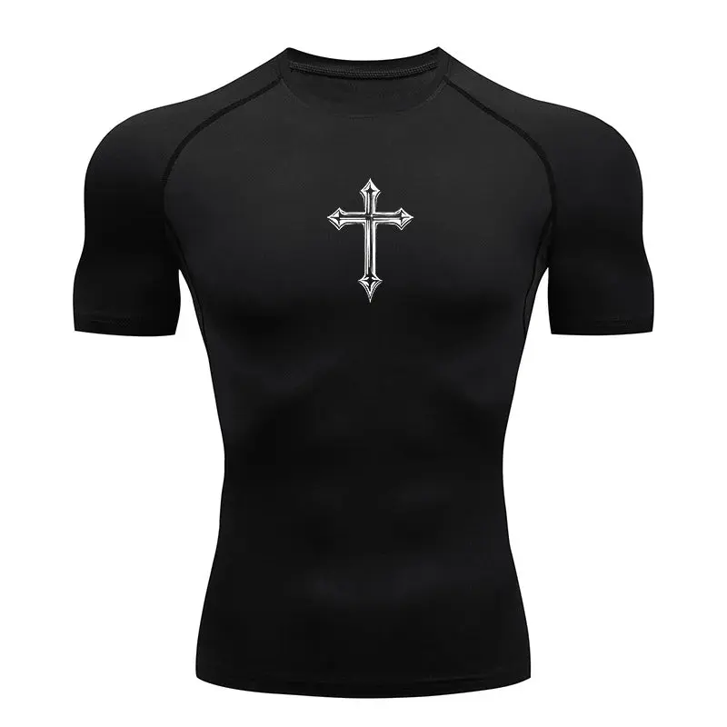 "Cross Print Compression Shirt for Men Christian Athletic Tshirt Tees Tops Gym Workout Running Baselayers Undershirts Rash Guard"