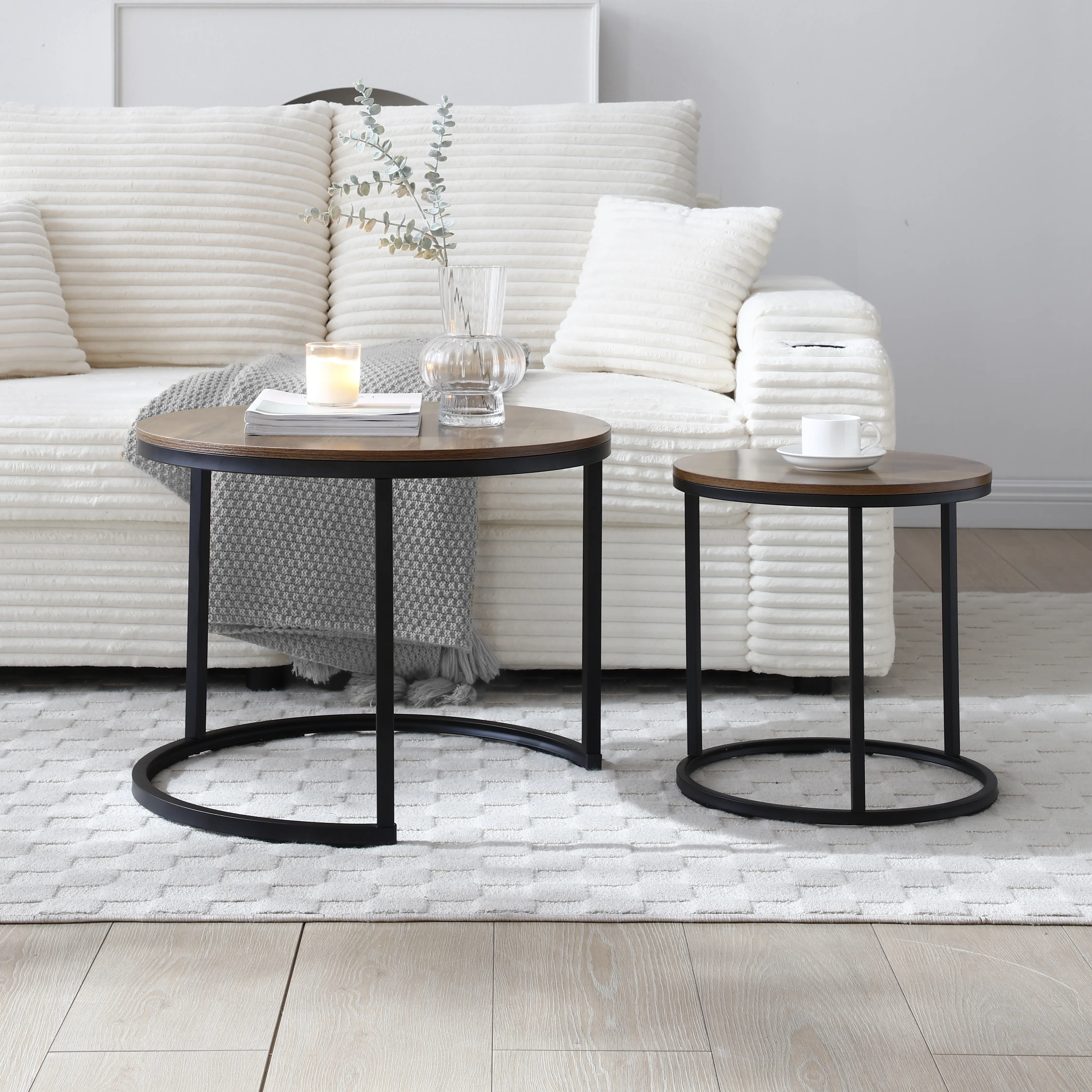 2-Piece Modern Industrial Nesting Tables - Black Frame, Black Marble-Patterned Wooden Top, Circular Living Room Nightstand for Apartment Bedroom