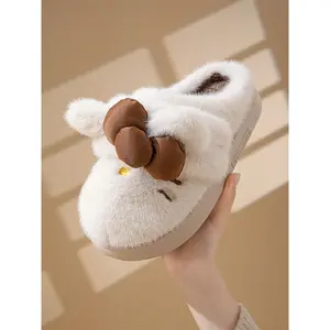 Women's Winter Cotton Casual Slippers with Cute Bow Design, Indoor Home Warm Shoes, Fashionable Two-Wear Style for Cold Weather