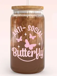 Libbey 16oz Glass Cup Antisocial Butterfly UV DTF Design with Bamboo Lid & Straw Included Non-BPA Free Unique Drinkware