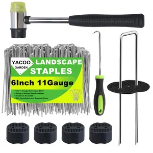 6 Inch  Galvanized Landscape Staples 11 Gauge Garden Stakes with Gasket for Weed Barrier, Hook Tool & Rubber Mallet for Weed Fabric Drip Irrigation, Landscape Fabric