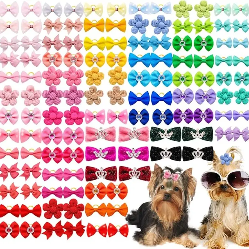 100pcs Assorted Dog Hair Bows,Cute Solid Color Dog Bows for Girl Small Medium Size Dogs,Handmade Puppy Bowknot with Rhinestone Crown Designer and Mix Shapes, Pet Hair Grooming Accessories, Poodle