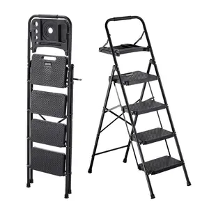 VEVOR 5 Step Ladder, Folding Step Stool with Wide Anti-Slip Pedal, Tool Tray, Dual Side Handrails, 600 lbs Capacity Portable Steel Ladder, Multi-Use for Kitchen, Home, Household and Office, Black