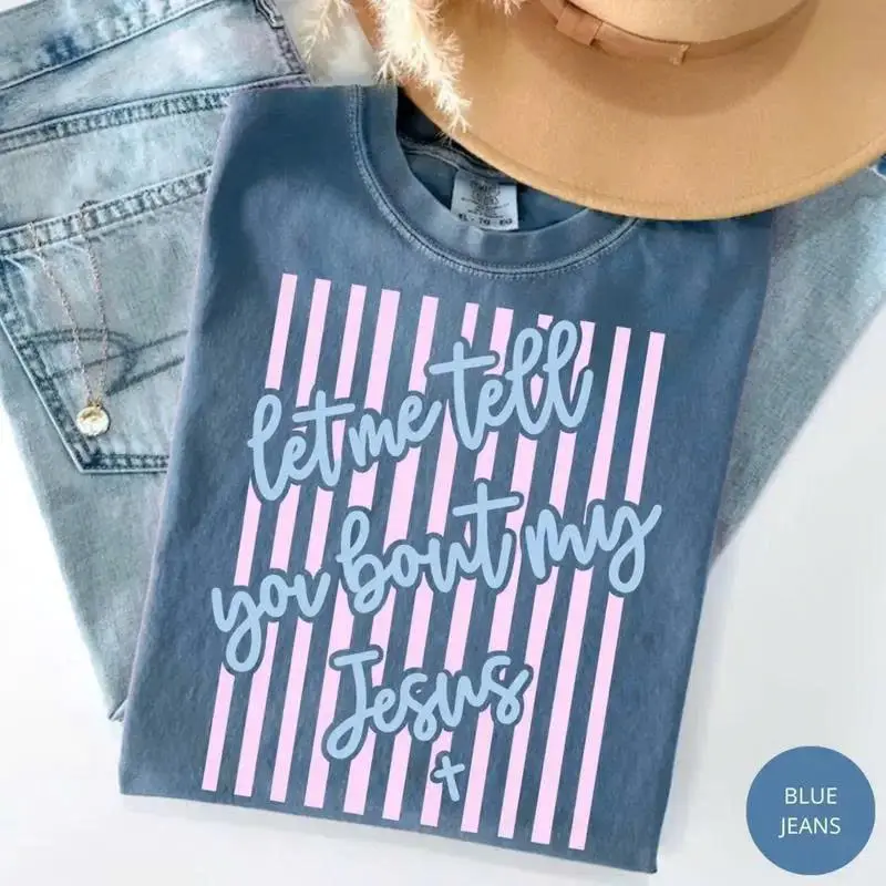 Comfort Colors Let Me Tell You About my Jesus Easter Spring Christian Shirt, Stripes Coquette Bow Christian Printable