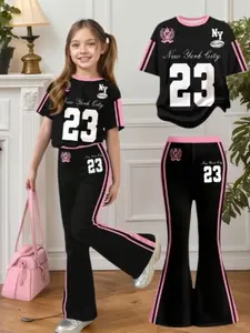Teen Girls Casual Wear New York Series No. 23 Striped Pattern Loose Fit Short Sleeve Tee & Bell Bottoms Summer Clothing Set Summer Style Outdoor
