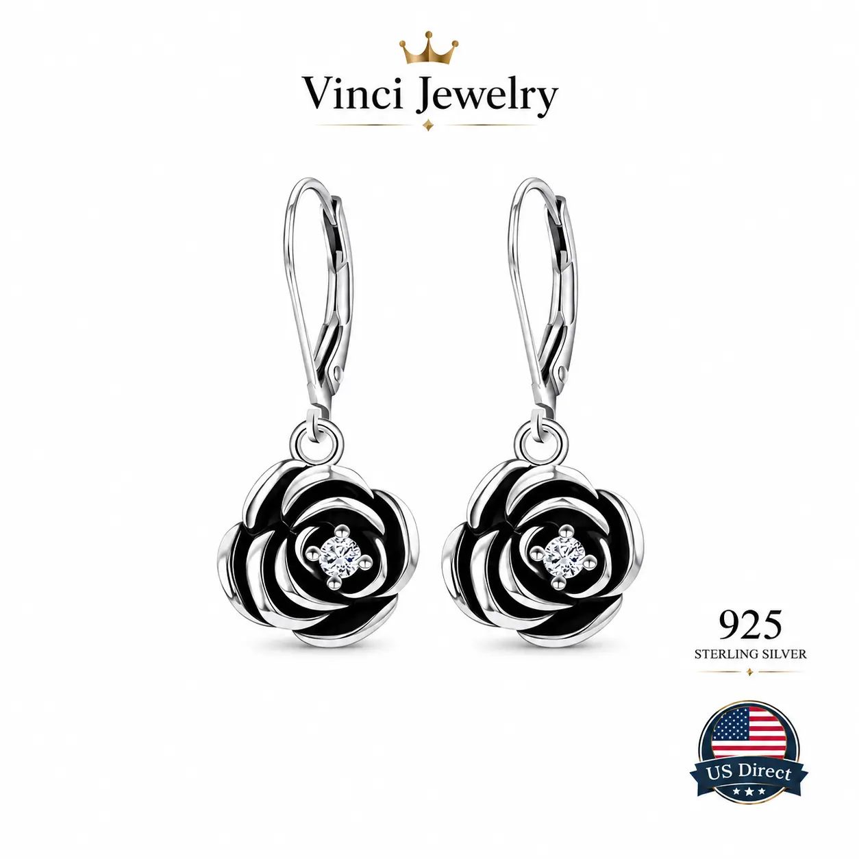 925 sterling silver Black Rose Flower Drop Earrings for Women Elegant Floral Dangle Earrings with Sparkling Crystal Accent Vintage Romantic Jewelry Lightweight Statement Earrings for Wedding Party Night Anniversary Birthday Gift Everyday Wear Gothic Chic