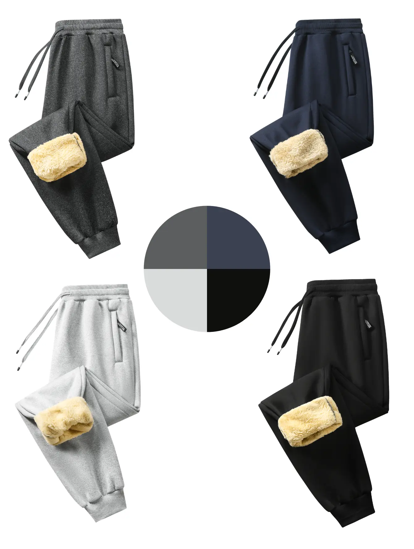 Men’s mid-rise knit jogger sweatpants with a multi-layer elastic waistband featuring an adjustable drawstring; side zipper pockets; all-over topstitching around the pant legs; ribbed elastic cuffs; tapered, loose-fit casual long pants for running and ever
