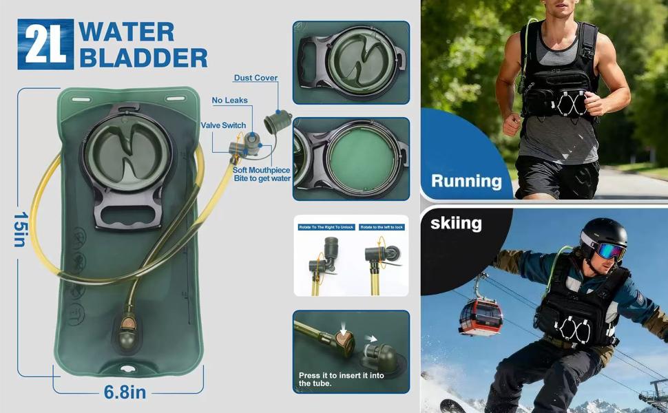 Sling Vest Chest Bag with 2L Water Bladder Gear Holster Running Vest Hydration Backpack Lightweight Adjustable Daypack Reflective Bag for Hiking Running Cycling Race Marathon for Women Men