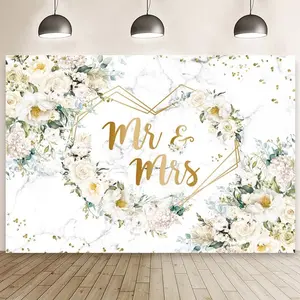 7x5ft Mr and Mrs Floral Backdrop for Bridal Shower White   Dots Glitter Photography Background Hearts Geometric Couple Wedding Party Decorations Bride to Be Engagement Banner Props