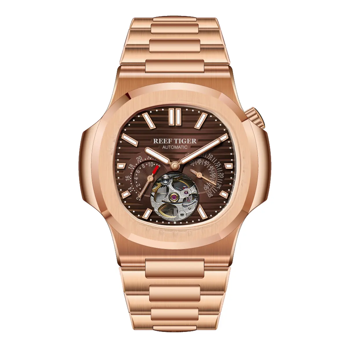 REEF TIGER Luxury Fashion Men's Watch - 44mm Square Shape, Automatic Movement, 30M-50M Waterproof Luminescent Dial, Stainless Steel Clasp Band, Sapphire Crystal, Analog-Digital Mechanical, Casual/Formal Business Wear