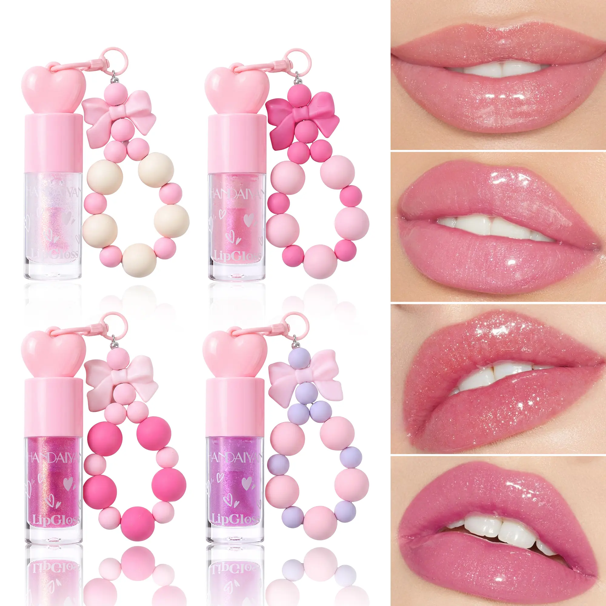 HANDAIYAN Kawaii Detachable Bow Bead Charm Lip Gloss, Glowy Shiny Hydrating Lip Plumper, Smooth Long Wear Lip Gloss Oil