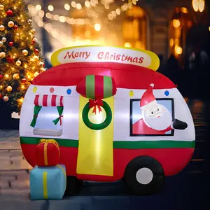 7ft Size LED-Lit PVC Christmas Inflatable Decoration, Santa Bus Scene with Bright LED Lights, Power Adaptor and Blower, Weather-Resistant Holiday Decorations for Home Garden Lawn
