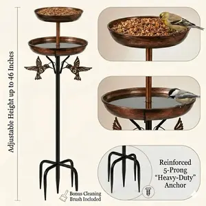 46 Inch Vintage Bronze Dual Tier Pet Bird Feeder And Bath Rust Resistant Heavy Duty Metal Station Stable 5 Prong Base 10 And 12 Inch Large Food Water Trays Perfect Gift Choice For Bird Watching Hobbyists Healthy Relaxing Bird Keeping Lifestyle
