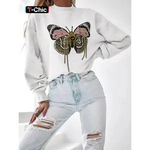 Women's Butterfly Patched Drop Shoulder Sweatshirt, Casual Long Sleeve Round Neck Pullover for Fall & Winter, Ladies Clothes for Daily Wear