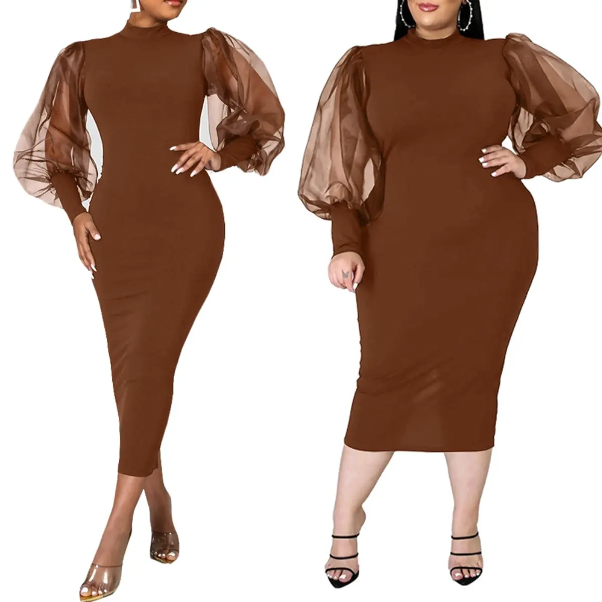 Women's Sheer Mesh Long Puff Lantern Sleeve Bodycon Midi Dress | Mock Neck, Puffy Long Sleeve, Sheer Mesh Sleeve, Bodycon Fit, Midi Dress, Black Funeral Dresses