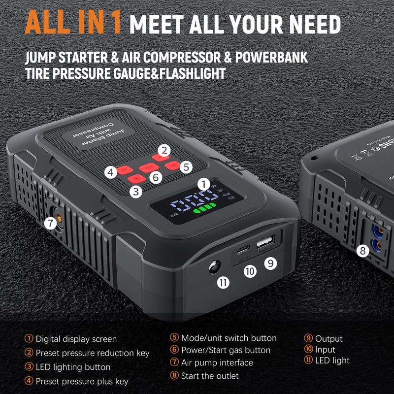 HPBS 24000mAh Power Bank Auto Battery Booster With Air Compressor 6000A 150PSI Fast Inflation 12V Portable Jump Starter for 10.0L Gas and 8.0L Diesel Engines