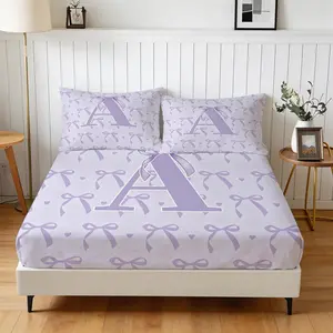 3 Piece A-Z Initial Letter Purple Bow Fitted Sheet Set, 1 Fitted Sheet + 2 Pillowcases, Soft Polyester Coquette Aesthetic Bedding, Personalized Bedroom Decor for Girls Teens & Women, Ideal Birthday Gift