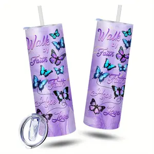1pc 20oz Purple Butterfly Insulated Stainless Steel Tumbler with Lid & Straw - "Walk by Faith, Hope by Hope, Love by Love" Design, Perfect for Travel, Coffee, and Gifts, Travel Coffee Mug | Inspirational Quote Tumbler | Durable Drinkware