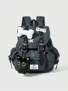 Punk Style Cat Paw Print Bone Star Colorblock Multi-Pocket Backpack, Fashion Casual Unisex Large Capacity Bag for Commuting School, Casual Printed Backpack