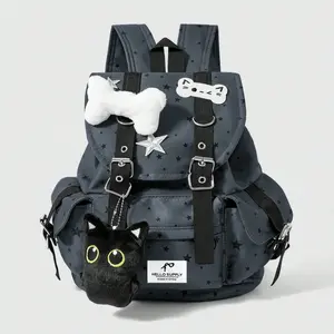 Punk Style Cat Paw Print Bone Star Colorblock Multi-Pocket Backpack, Fashion Casual Unisex Large Capacity Bag for Commuting School, Casual Printed Backpack