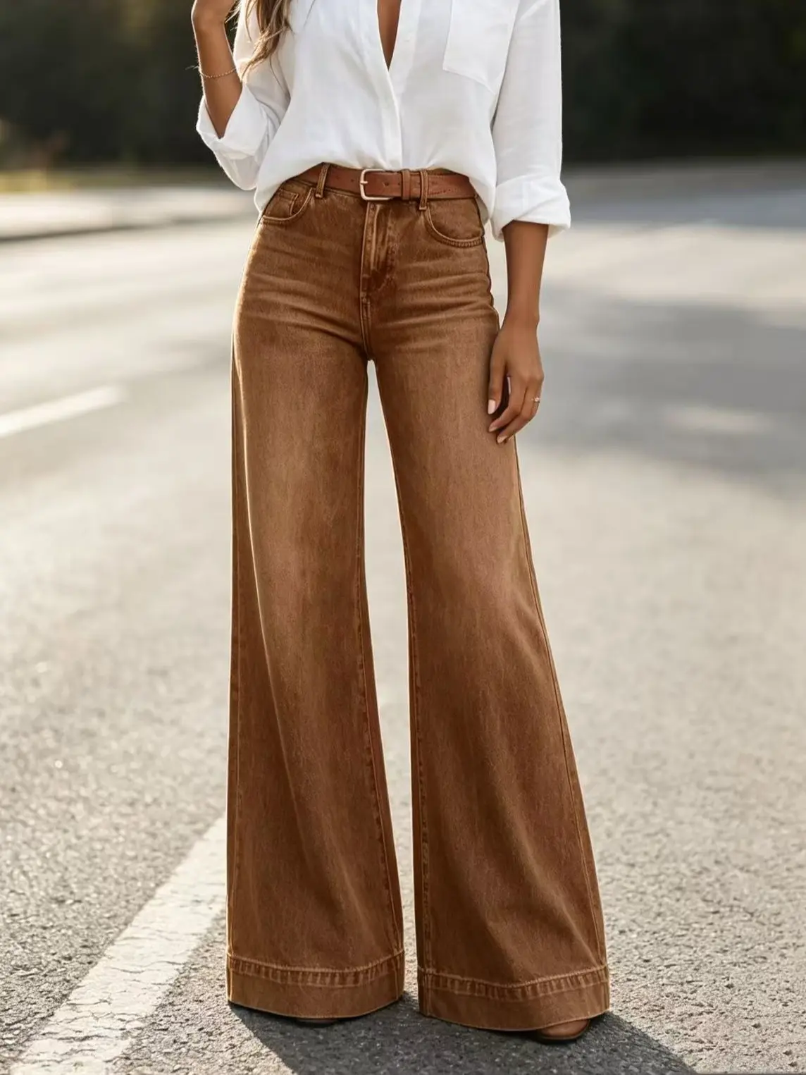 Women's High-Waist Retro Brown/Green Wide-Leg Jeans - Hem Stitching Details, Washed Full-Length Denim Pants, Western Casual Trousers