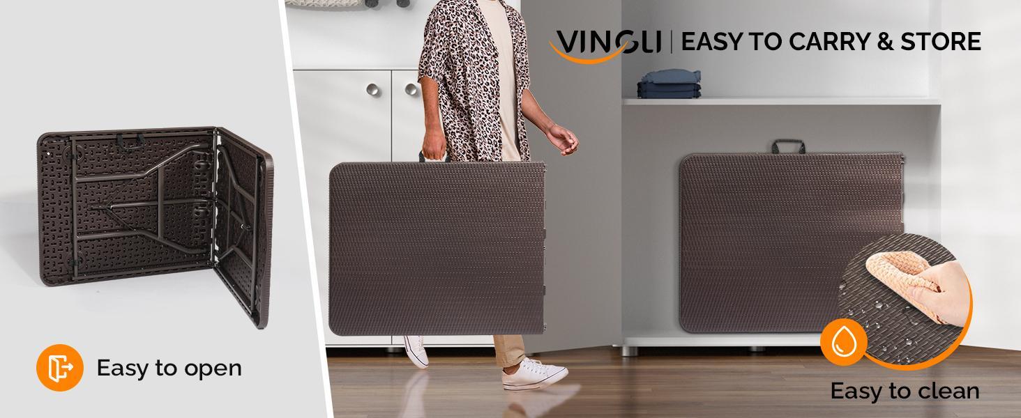 VINGLI 4/6/8 Foot Plastic Folding Table Portable Long Table for Indoor Outdoor Use Rectangular with Carrying Handle, Smooth HDPE Tabletop, White/Brown/Black
