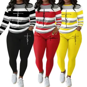 2025 Plus Size Women's Long-Sleeve Striped Color-Block Top & High-Waisted Leggings Set with Faith Letter Print Slim-Fit Crewneck for Spring & Fall Clothes Casual Suits Womenswear Style