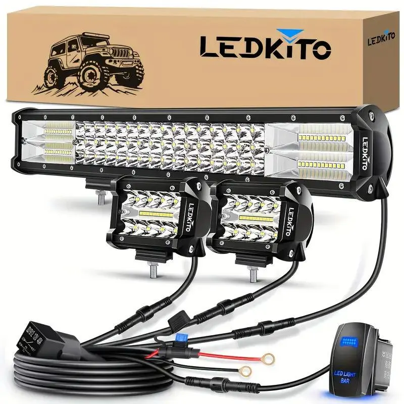 LEDKITO Ford F-150 LED Light Bar Kit: 20" Triple Row Bumper Light & 4" Fog Pods with Switch Harness, Waterproof Spot Flood Combo Off-Road Lights for Pickup Trucks, Jeeps