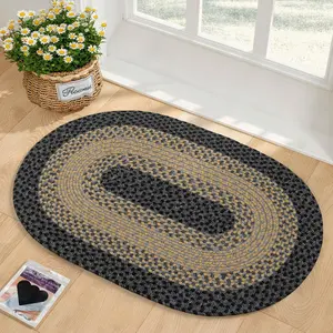 2x3 Oval Braided Entryway Rug, Farmhouse Kitchen and Floor Mat for Indoor/Outdoor Use, Door Mat with Anti-Slip Pads for High Traffic Areas, Rope Rug Without Rubber, Brown with Black