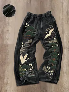2026 Neo-Chinese Streetwear Wide-Leg Pants: Premium Heavyweight Crane Embroidery & Graphic Print, Unisex Vintage Acid-Washed Baggy Trousers, Aesthetic Oriental Style Casual Pants for Street Photography & Daily Wear.