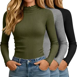 3 Pack Women's Turtleneck Cotton Shirts, Long Sleeve Ribbed Lettuce Trim Mock Neck Slim Fit Tops Soft Base Layer