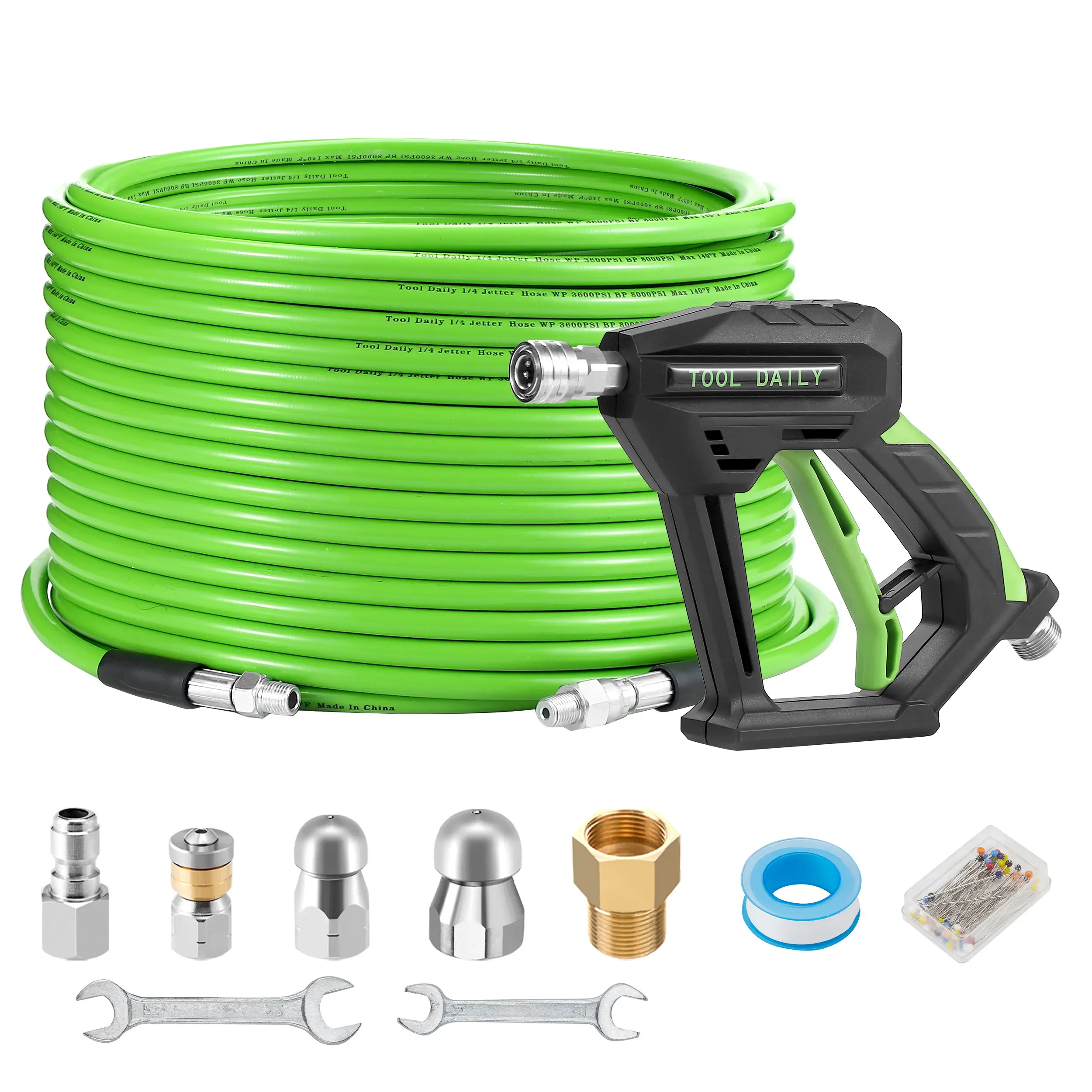 Tool Daily Sewer Jetter Kit for Power Washer 100 FT Heavy Duty Hose,Short Spray Lance,Drain Cleaning,1/4 Inch NPT,Sewer Jetting Nozzle,3600 PSI