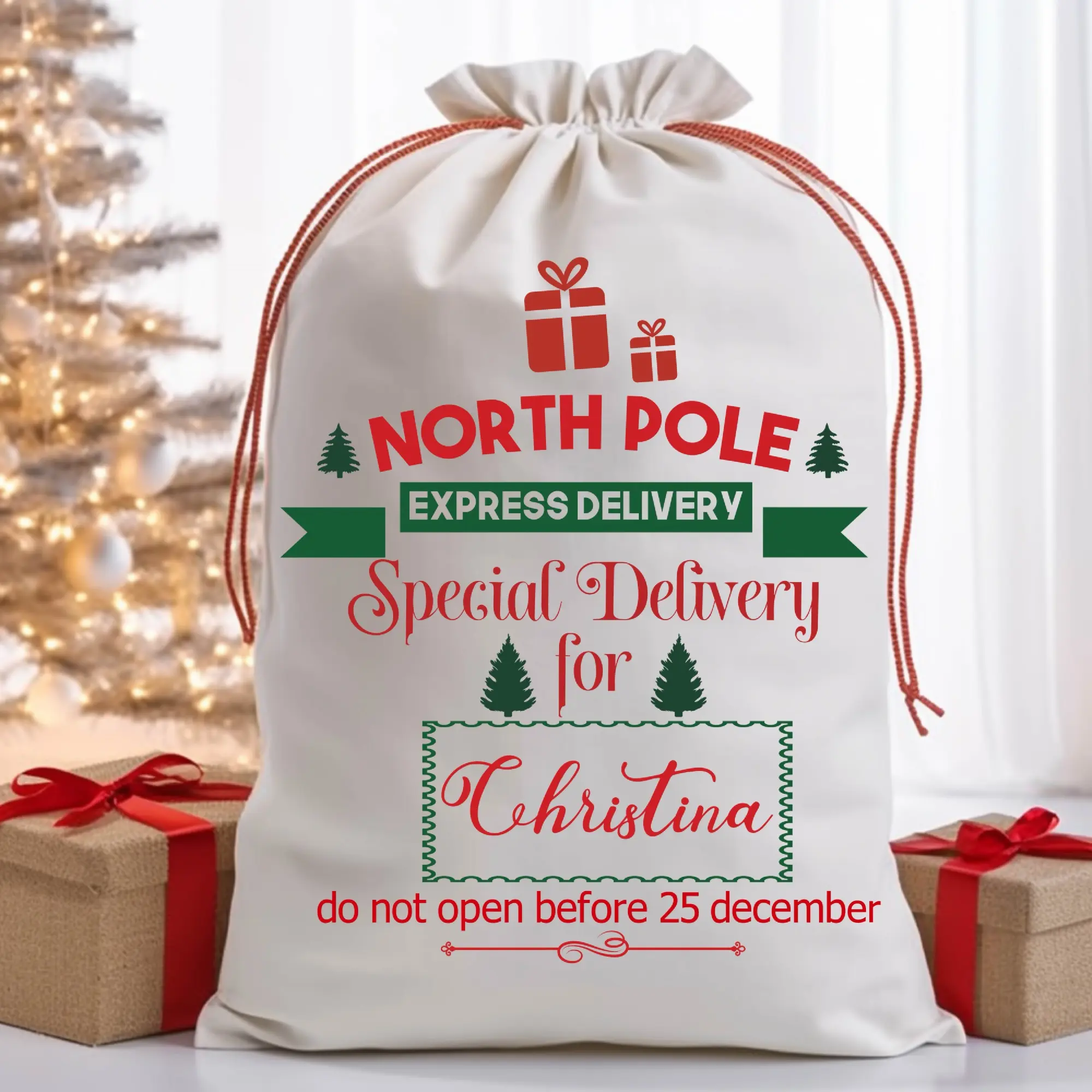 North Pole Santa Special Delivery Sack, Personalized Christmas Sack, Custom Christmas Santa Sack, Family Christmas Gift Bag, Xmas Presents Bag.