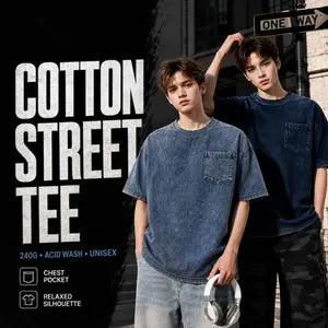 2 Pack Oversized Acid Wash T Shirts for Men Women, 240G Heavyweight Cotton Vintage Washed Streetwear Tees with Chest Pocket, Unisex Casual Relaxed Fit Tops