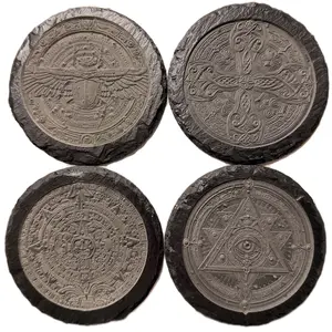 Ancient Relic Engraved Slate Coaster Set | Illuminati Eye, Aztec Calendar, Egyptian Scarab & Celtic Cross | Deep Relief Stone Coasters | Occult & Ancient Symbol Decor