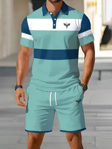 Digital Print Polo Shirt Short Sleeve Top and Shorts Set, Summer Casual Fashion Streetwear, Two-Piece for Men
