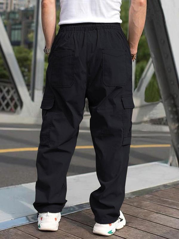 Men's Solid Color Flap Pocket Casual Slant Pocket Drawstring Waist Cargo Pants, Regular Fit Casual Street Straight Leg Trousers for Daily Wear, Men's Bottoms for All Seasons Men's Solid Color Flap Pocket Casual Slant Pocket Drawstring Waist Cargo Pants, Regular Fit Casual Street Straight Leg Trousers for Daily Wear, Men's Bottoms for All Seasons