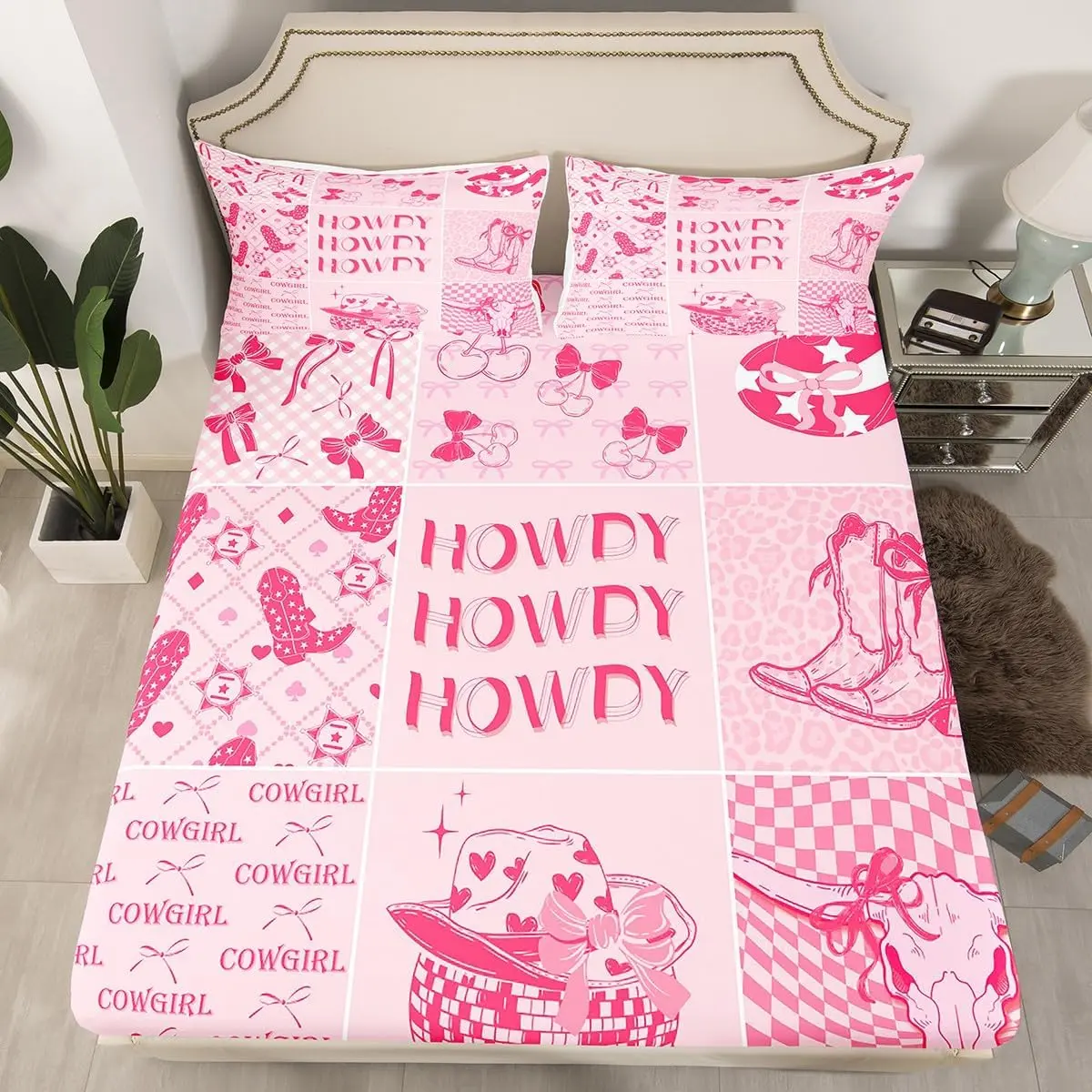 Western Cowgirl Bedding Sets Pink Disco Ball Fitted Sheet,Howdy Cow Sheets Southwestern Boots Bed Sheets Kawaii Pink Bow Bed Set Preppy Room Decor